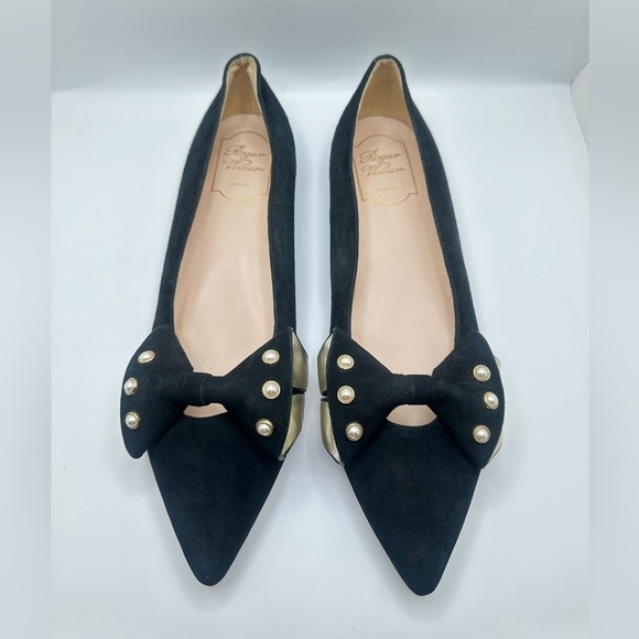 Roger Vivier Black Suede Lolita Pearl Embellished Bow Ballet Flats Sz 39 - Picture 1 of 13